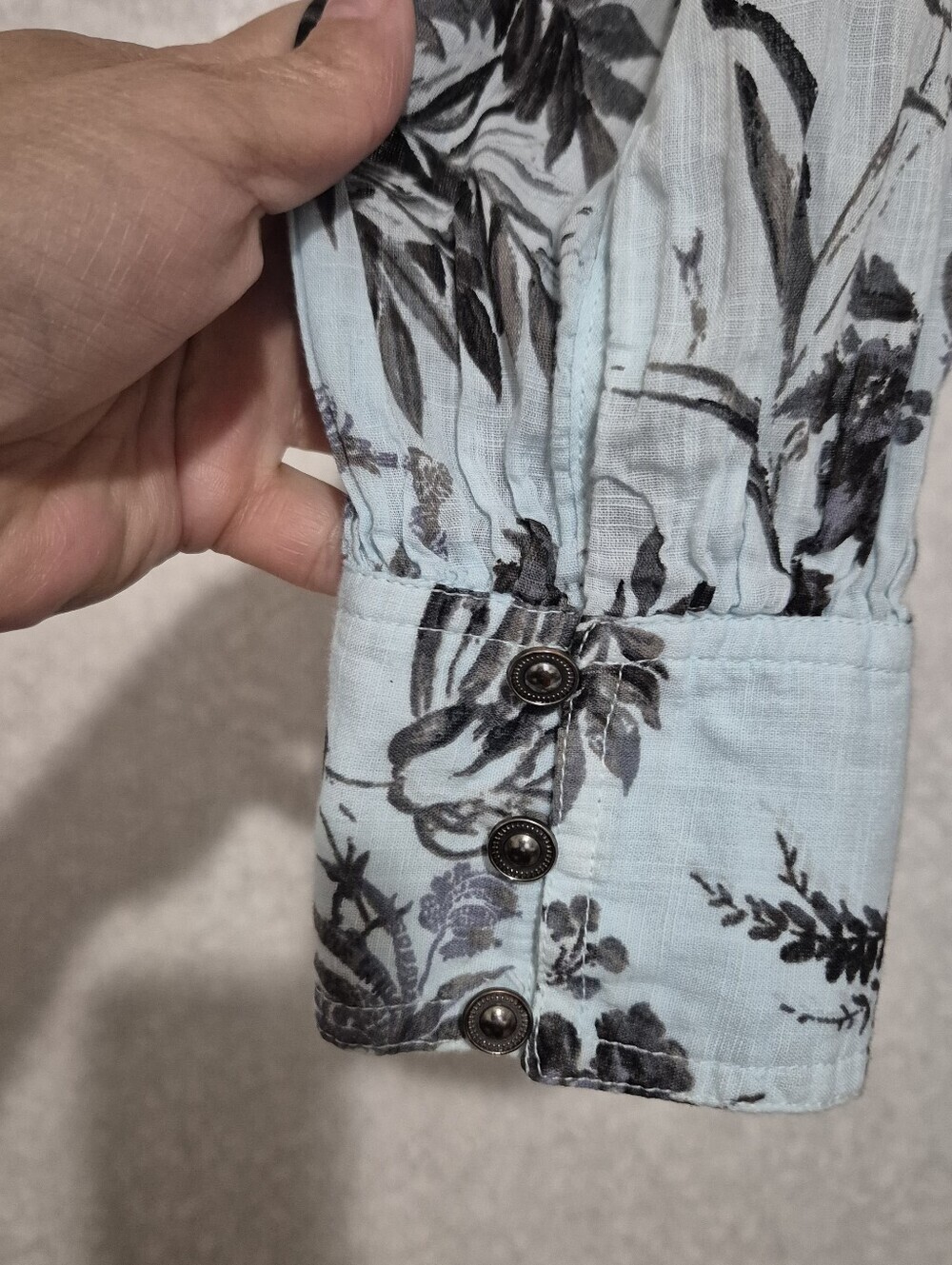 Anthropologie Pale Blue and White Black Floral Embroidery Tiered Shirt Dress-0 - Picture 7 of 13